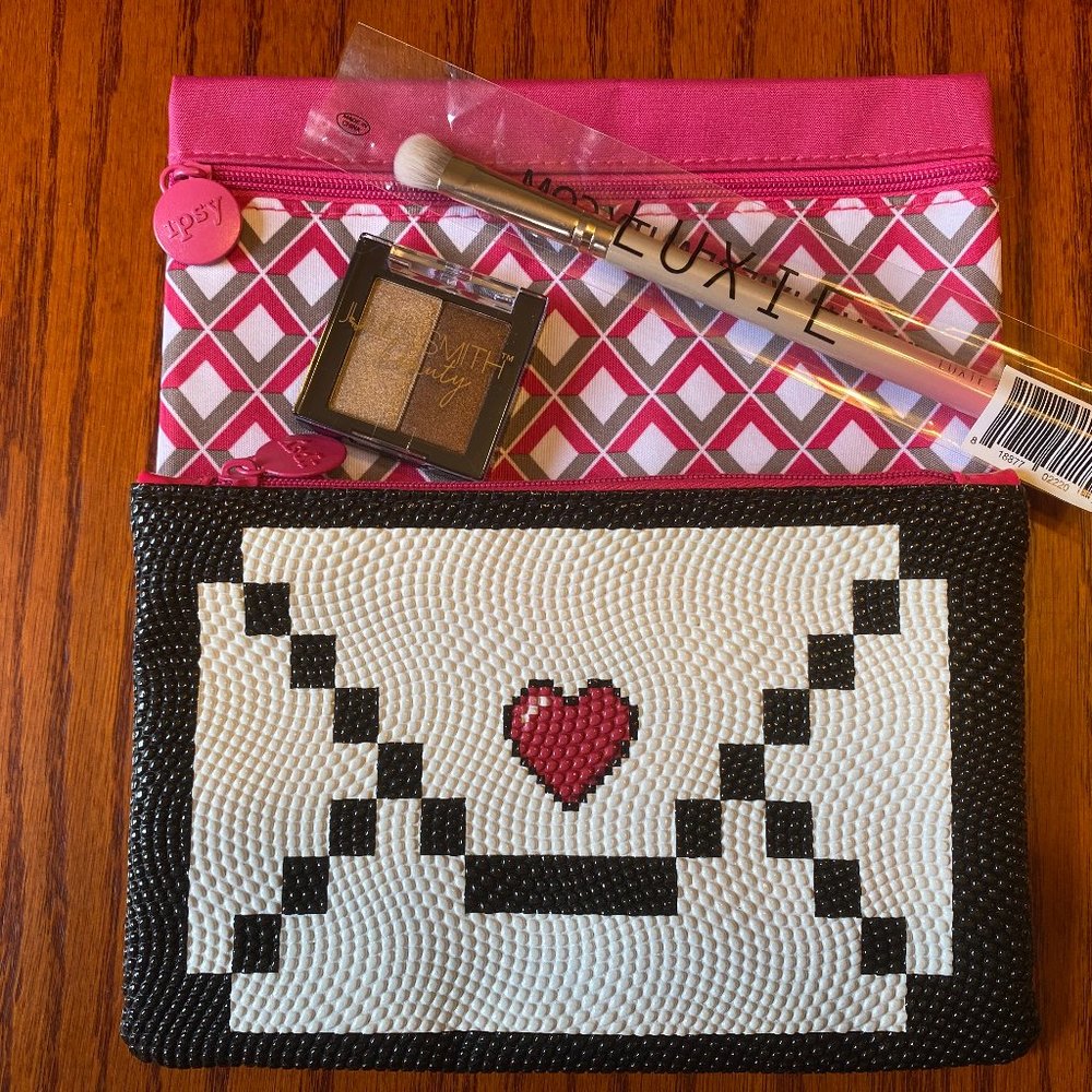 Ipsy Bag Bundle - Envelope w/ Heart & Pink Geometric Ipsy Bags with Bonus Makeup